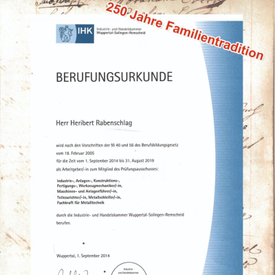 Berufungsurkunde Herbert Rabenschlag Scherenschleifer aus Solingen