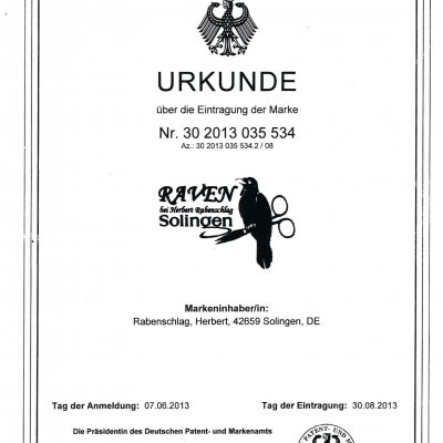 Urkunde RAVEN Patent von Herbert Rabenschlag aus Solingen